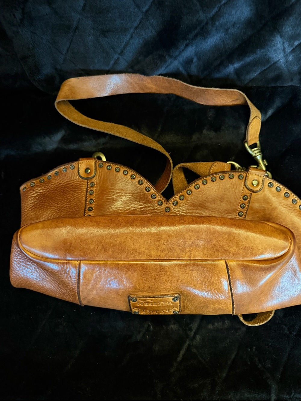 Studded Tan Leather Shoulder Bag with Antiqued Hardware - Picture 7 of 9